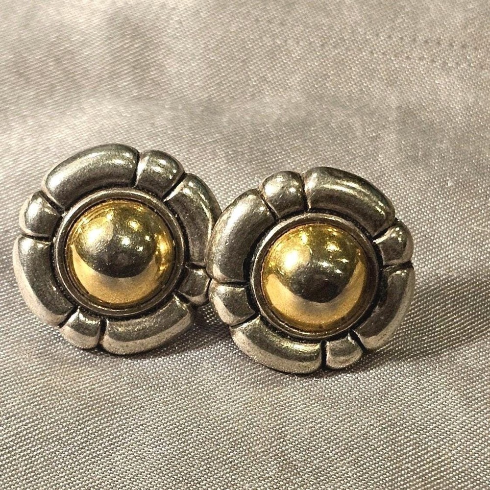 Vintage Two Tone Flower Clip On Earrings Silver Gold Tone Scalloped Floral Studs